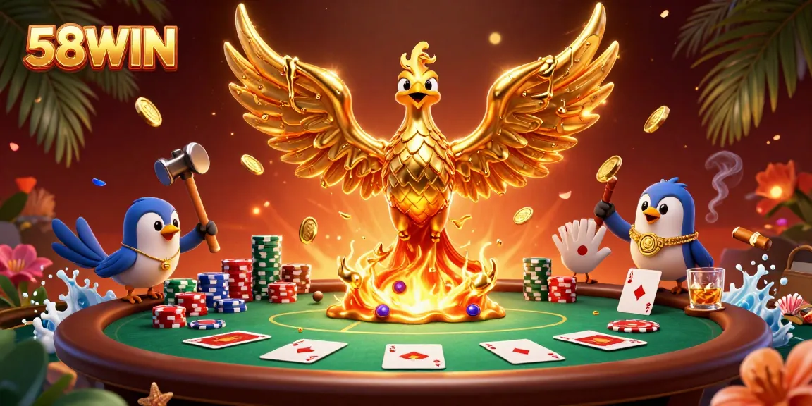 Experience epic wins at 58WIN with a 3D phoenix made of molten gold and poker elements in a dynamic setting.