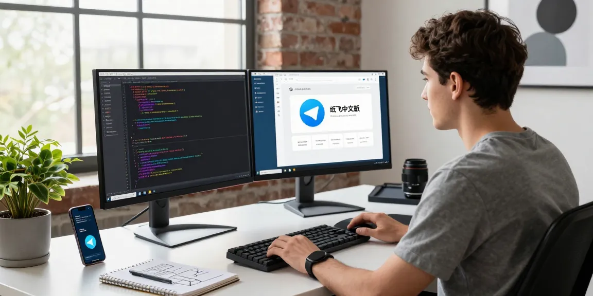 Developer coding Telegram application in 纸飞机中文版, showcasing tech workspace environment with dual monitors.