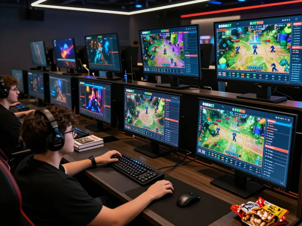 Intently analyzing live betting odds and gameplay on 8xbet with multiple screens in a modern gaming setup