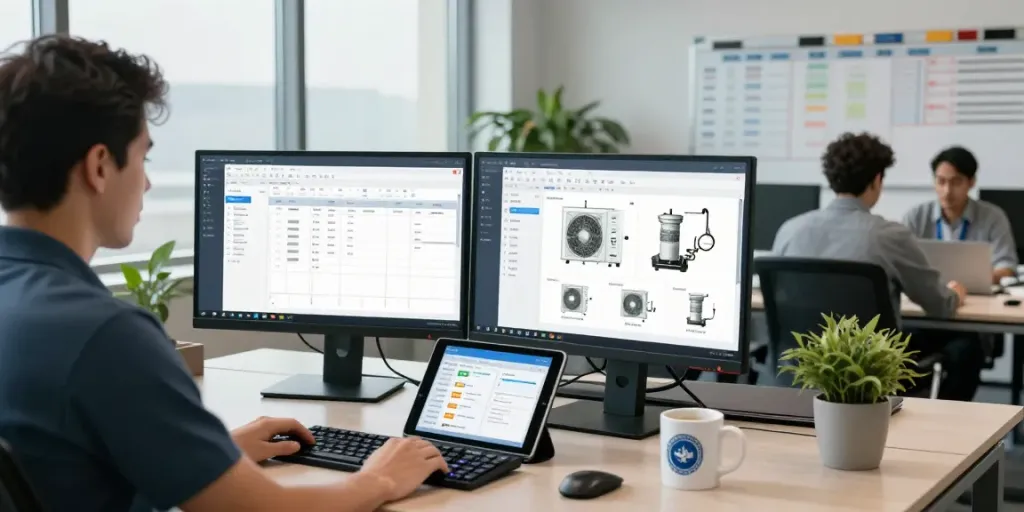 Technician using HVAC software on dual monitors in modern office, showcasing real-time job management.