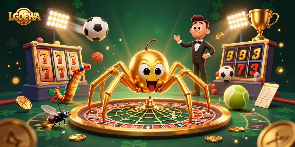 Place bets with LGODEWA amidst an intense casino scene featuring a golden spider and dynamic slot elements.