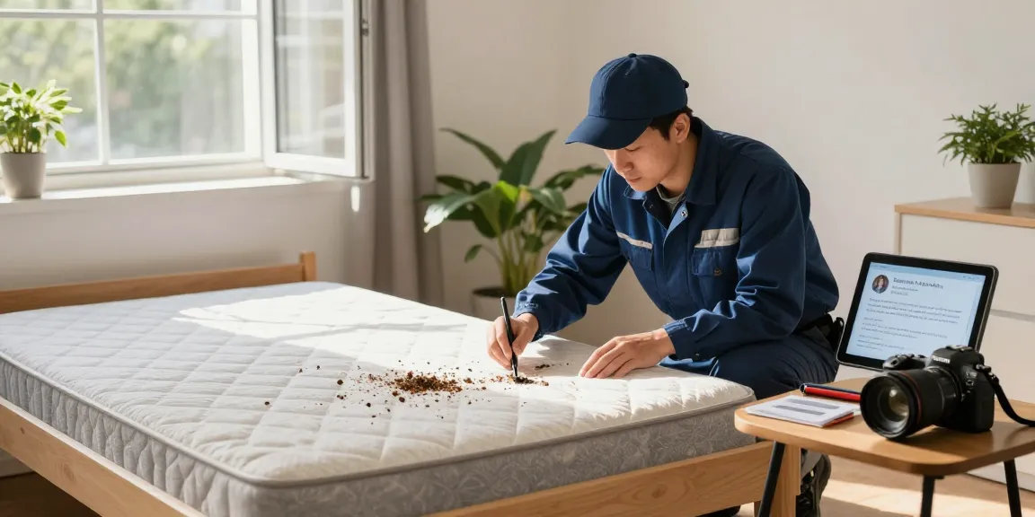Bed bug exterminator technician inspecting bed frame for pest signs in a bright Milwaukee apartment.