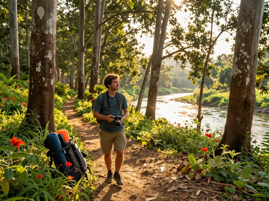 Dandeli adventure traveler exploring lush forests and Kali River at sunset.