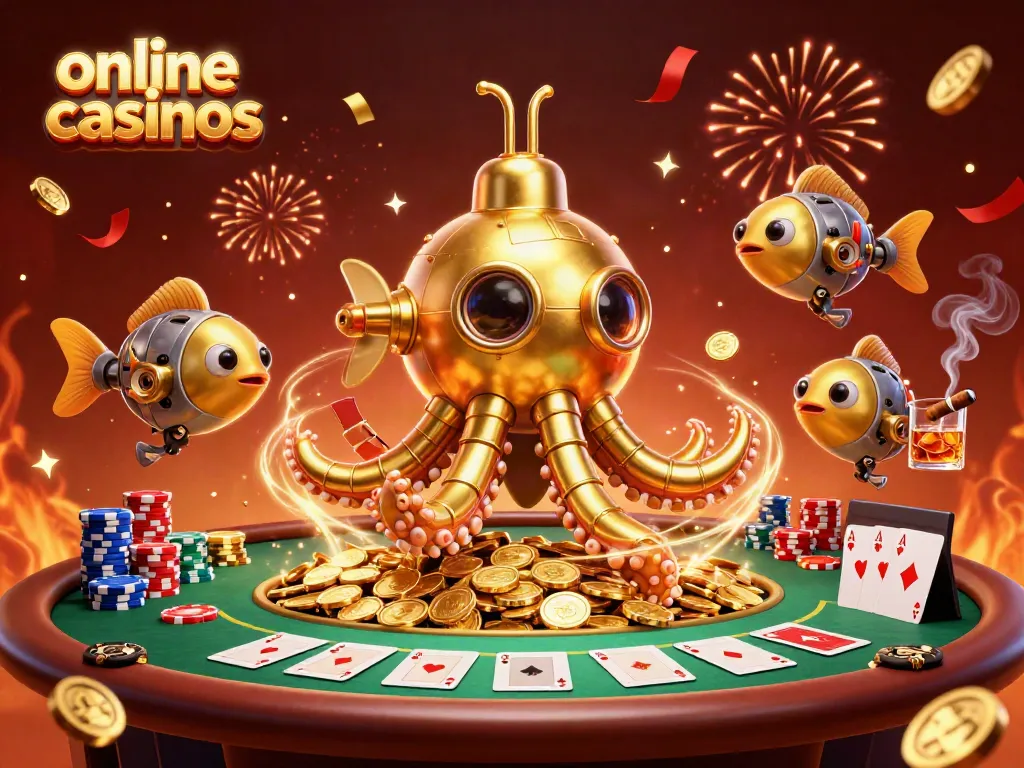 Explore online casinos with a vibrant scene featuring a kraken submarine amidst poker elements.