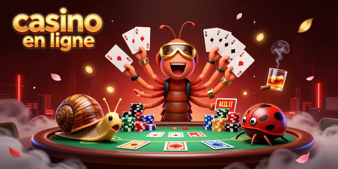 Illustration d'une scène de casino en ligne avec un mille-pattes croupier, une limace joueur et un bouboule, ambiance festive.