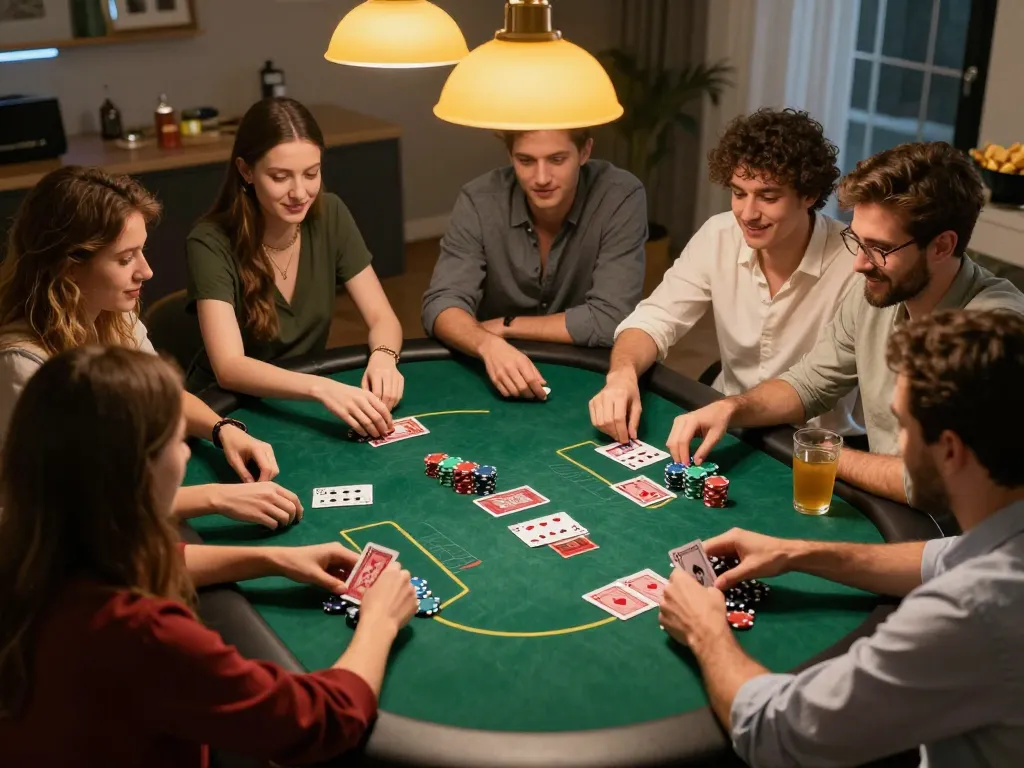 Engaging friends play Texas Hold'em in cozy atmosphere at situs slot night.