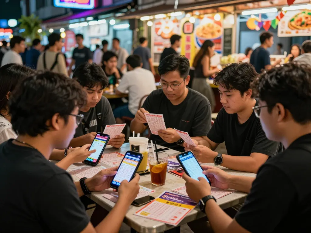 Keluaran HK results displayed amidst friends celebrating Togel Hongkong in a vibrant urban café setting.