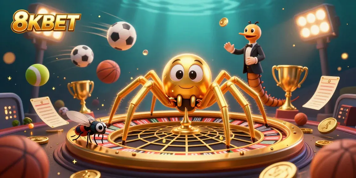 Engage with 8KBET as the golden spider weaves a roulette web, vibrant sports balls, and a centipede croupier in action.