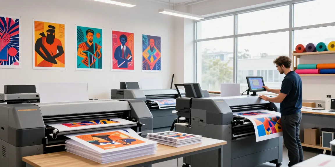 Technician operating poster printer machines in a vibrant print shop environment.
