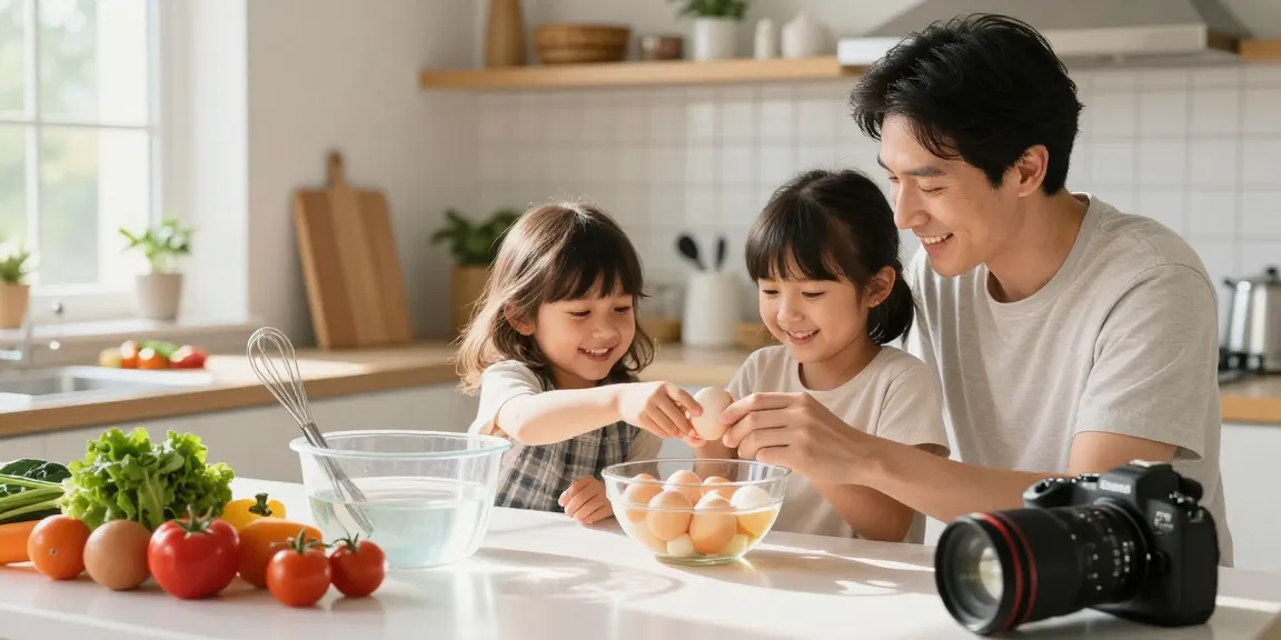 Uji kesegaran telur menggunakan metode Egg Float Test oleh keluarga di https://www.eggfloattest.com/contact, memperlihatkan suasana dapur yang ceria.
