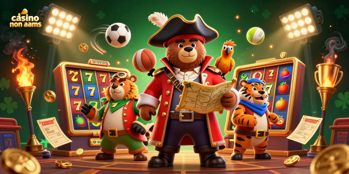 Illustrazione di un'avventura nei casino non aams con personaggi animati e simboli fortunati.