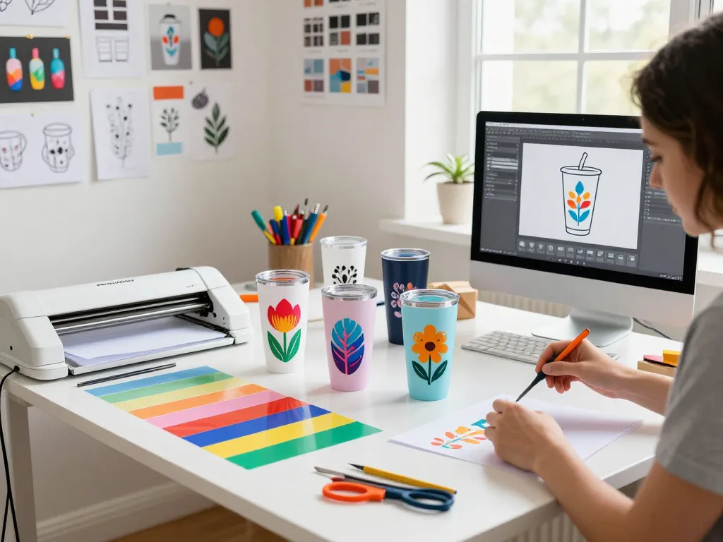 Applying colorful SVG files on tumblers in a bright crafting studio.