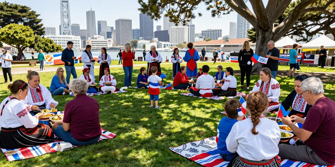 Community gathering of Polish residents in San Francisco celebrating culture at https://www.sfpol.com/ with traditional food and joyful interactions.