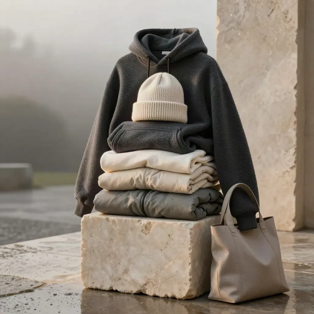Charcoal fleece hoodie with tee, shell jacket, beanie and tote on rain-damp limestone at sunrise.
