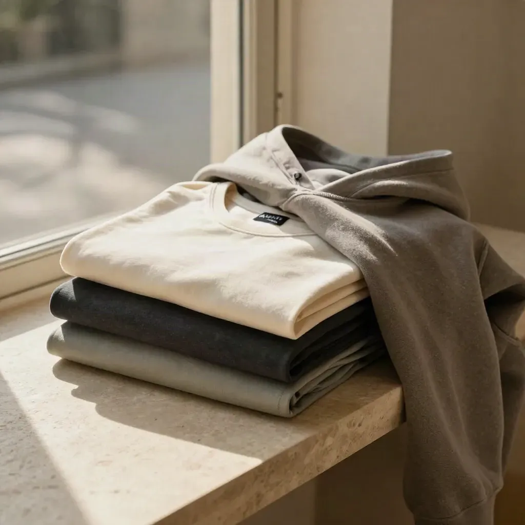 Layered tees, hoodie and outer layer on a stone bench beside an open doorway in soft daylight