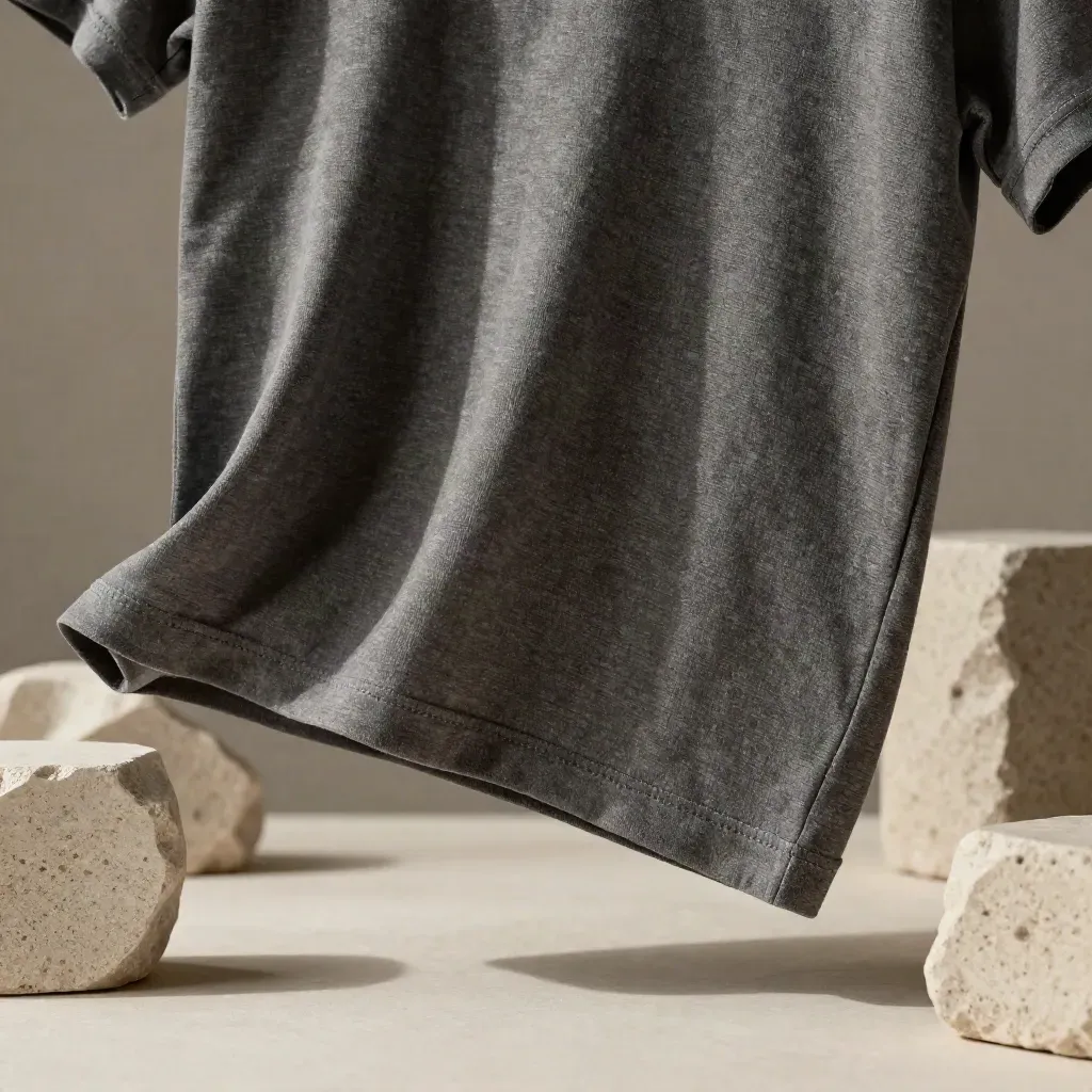 Charcoal heavy tee suspended between stone blocks in a macro product shot.