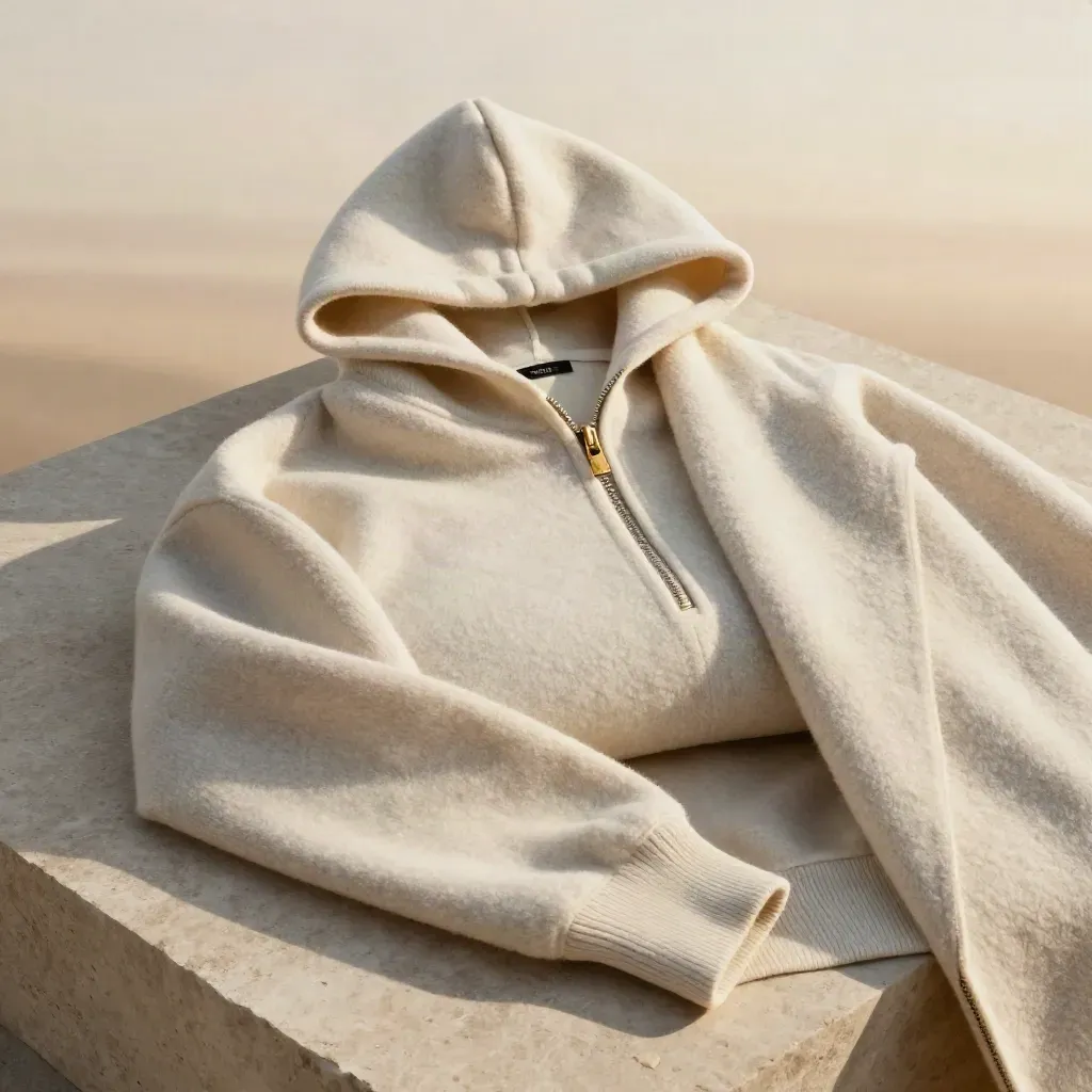 Ivory zip hoodie half-nested in brushed wool on pale stone, straight-down flatlay with gold zipper pull.