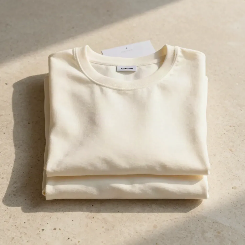 Overhead flatlay of three ivory tees stacked neatly on pale travertine with soft shadows.