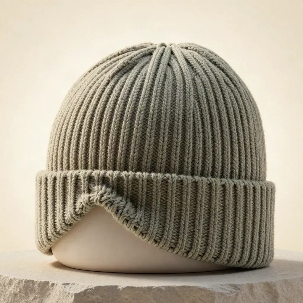 Macro of a sage knit beanie around a pale ceramic form with steam and cream background.