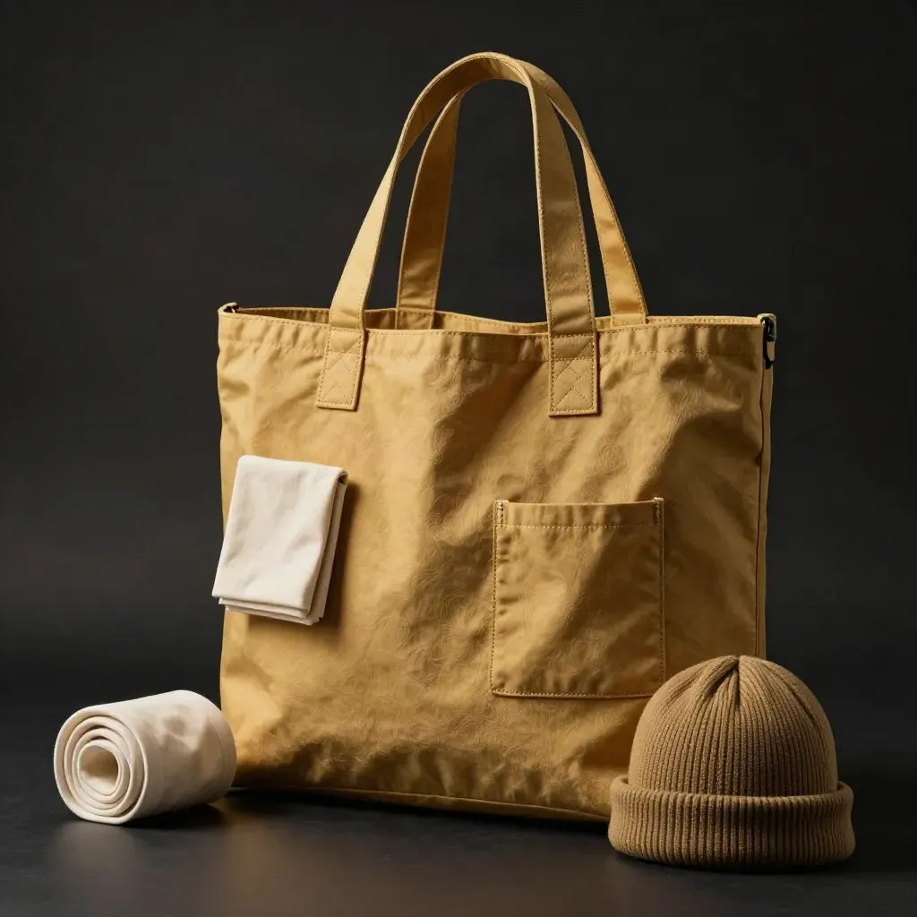 Muted gold canvas tote open with tee, insert and beanie on a matte-black studio surface.