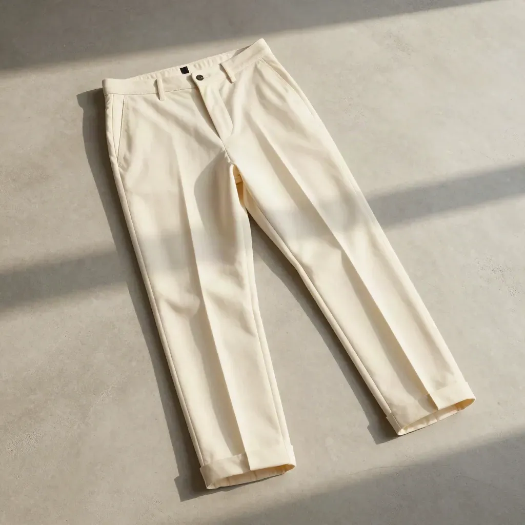 Ivory taper trouser flatlay on pale concrete with soft overhead shadows