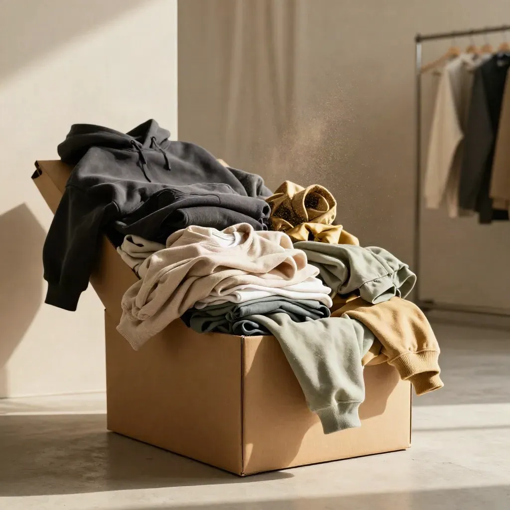 Open kraft carton spilling hoodies, tees, and light jackets in charcoal, sage, and muted gold.
