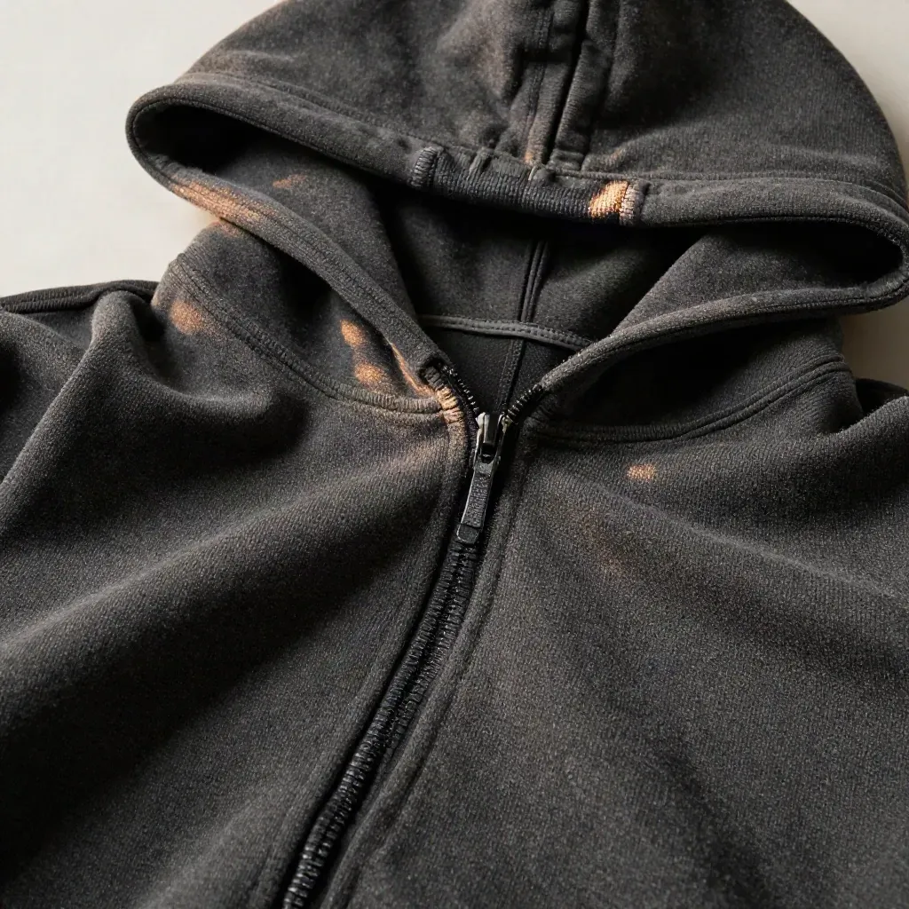Macro of a charcoal hoodie’s fleece, zipper ridge and hood seam under soft overhead light.