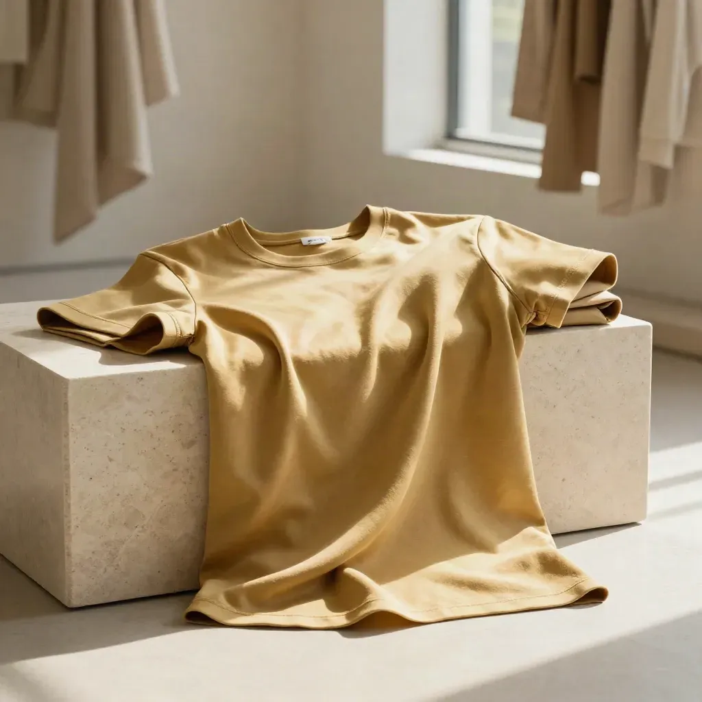 Muted gold relaxed tee draped over pale stone with a folded tee behind in a bright studio.