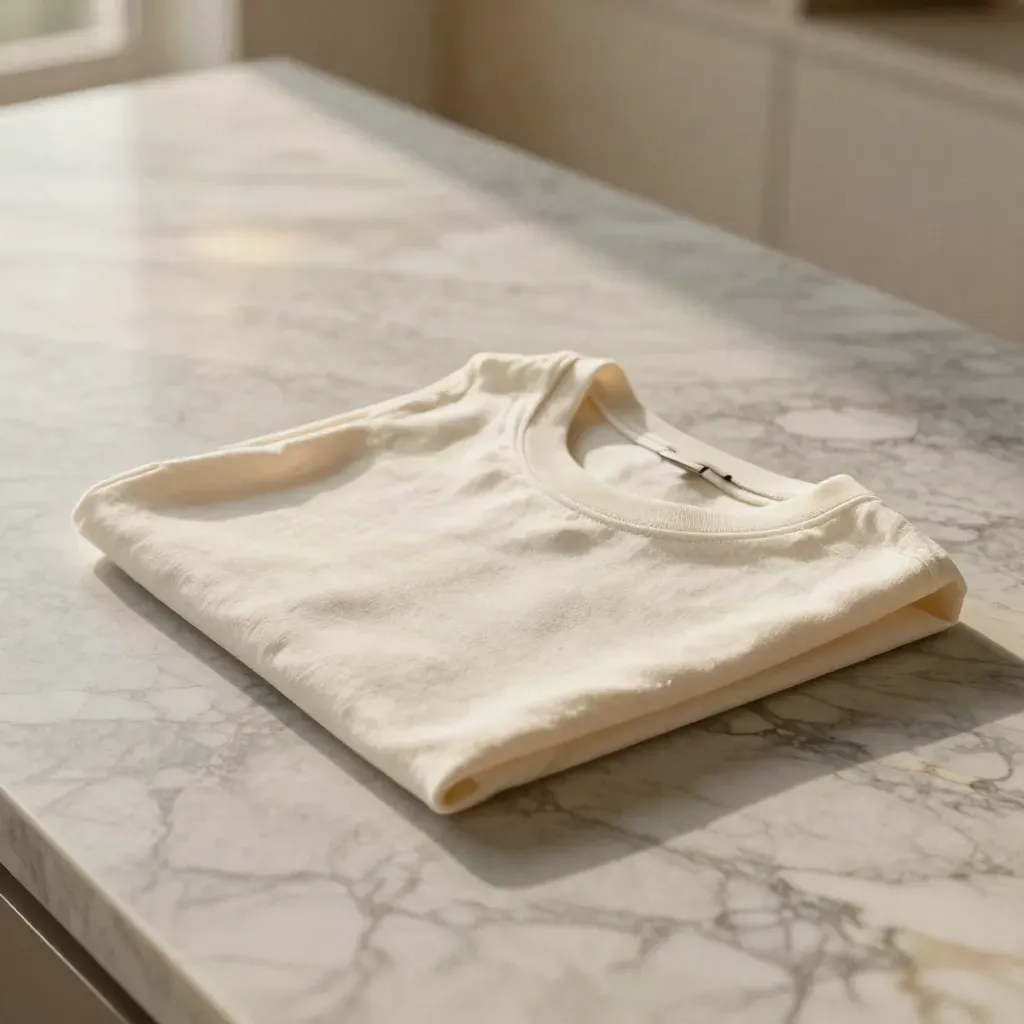Ivory tee on veined marble in a bright interior with soft daylight and a blurred stem.