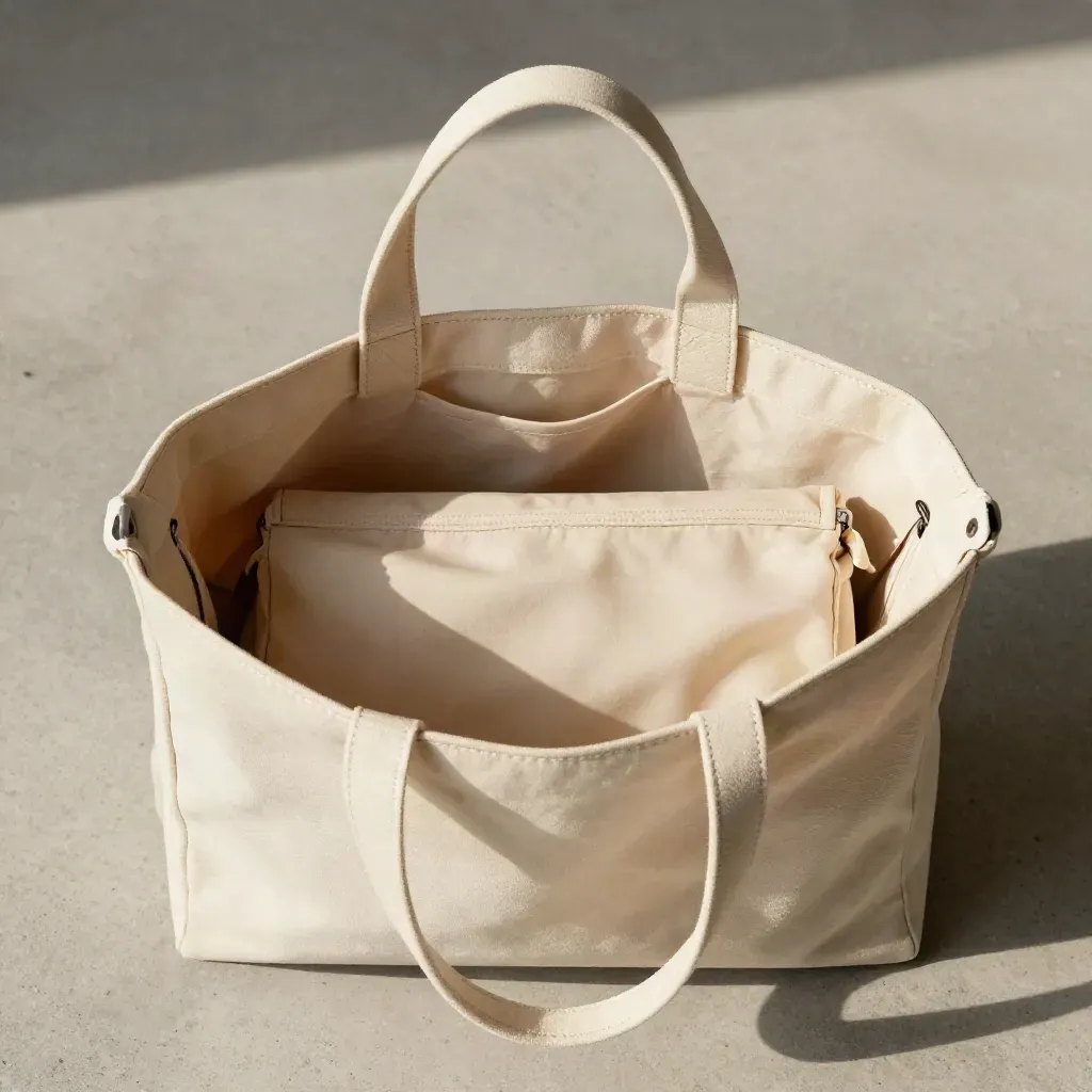 Ivory canvas Transit Tote flatlay with a rolled tee and pouch on pale concrete.