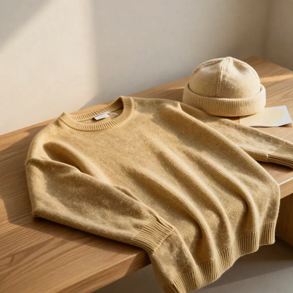 Muted gold rib knit crew on a wood bench with trouser cuff and knit cap