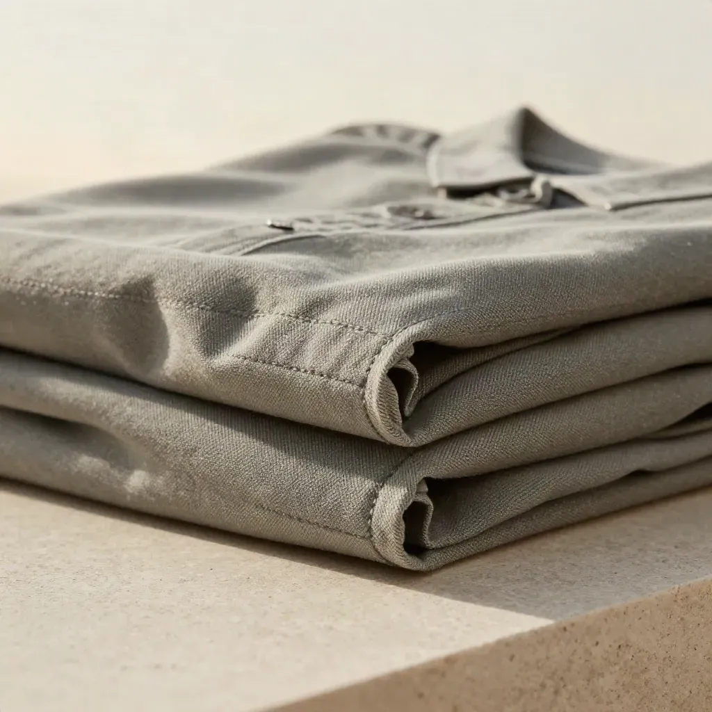 Macro of a folded sage cotton overshirt with visible weave, cuffs, and stitch detail.