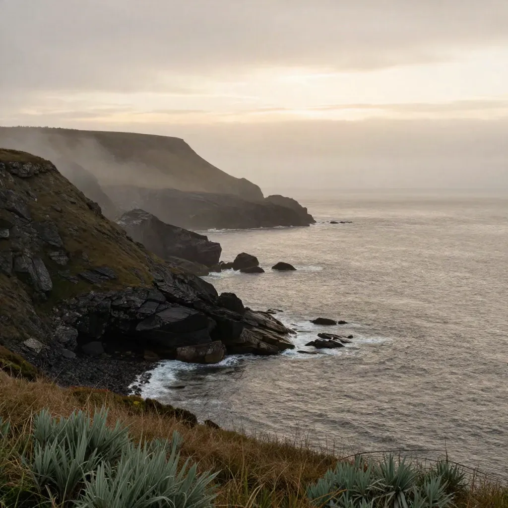 Foggy coastal ridge at sunset with dark rocks, surf bands, and open mist for copy