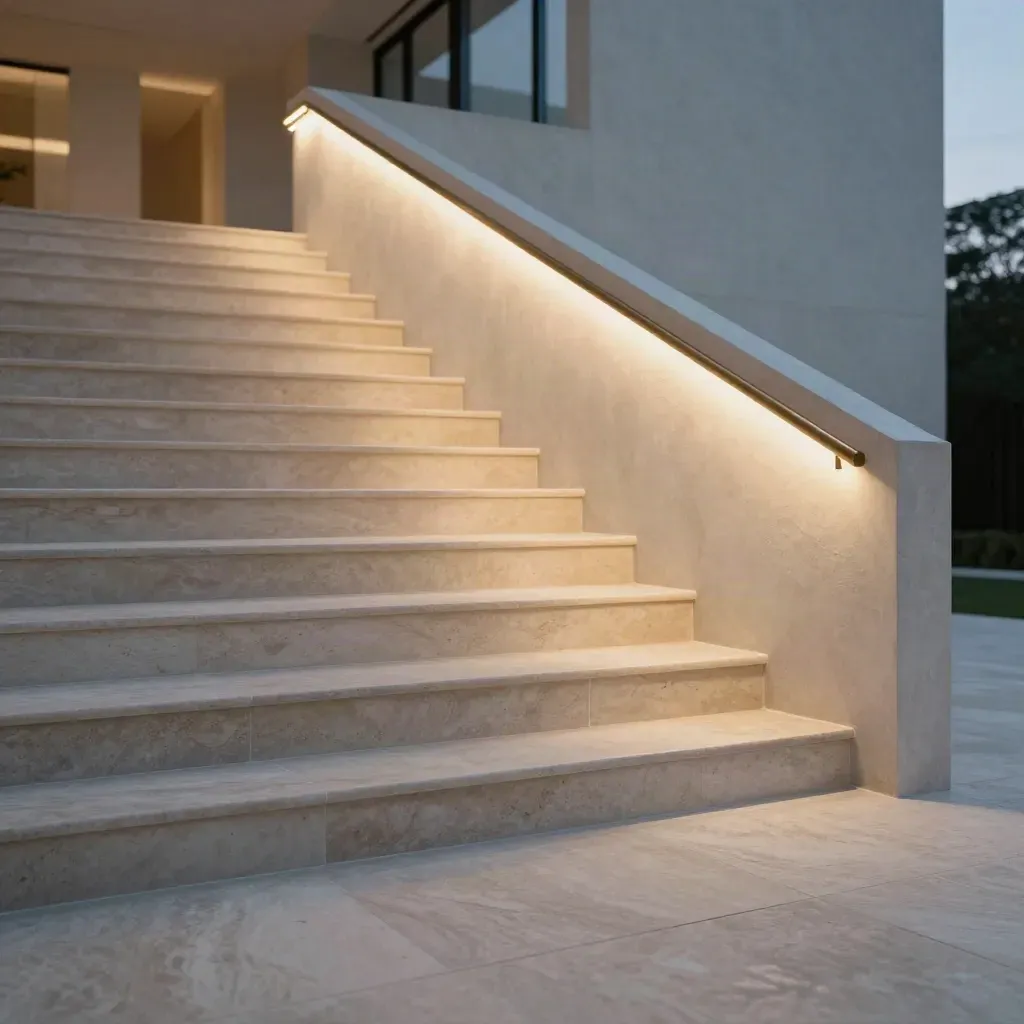 Travertine stair hall and corridor in blue hour with calm stone floor and muted gold handrail.