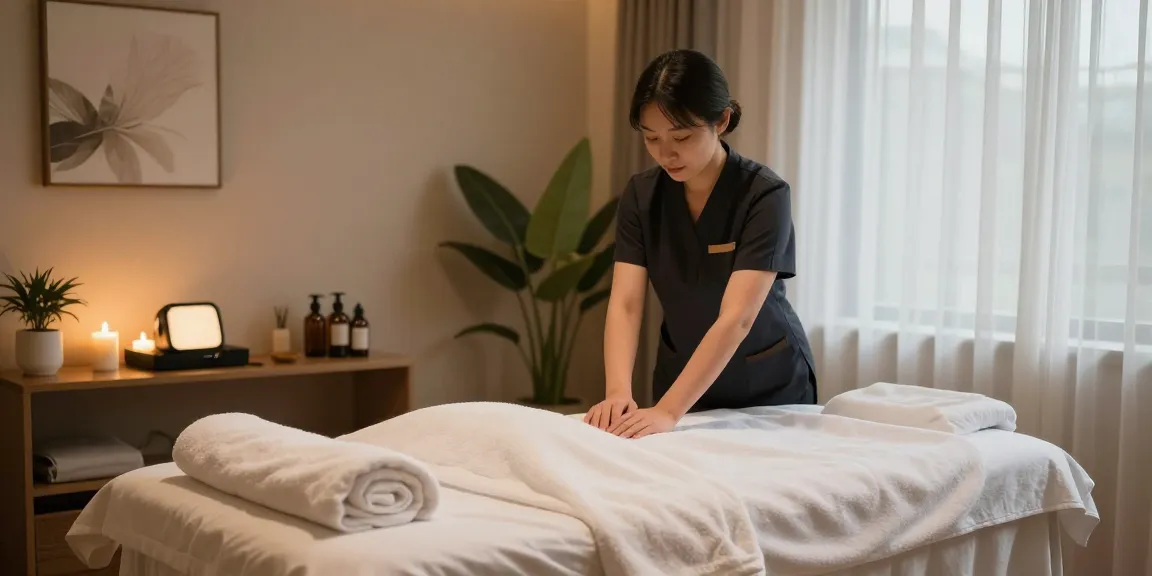 둔산동마사지 실내에서 아로마 오일과 마사지 테이블이 있는 평화로운 장면