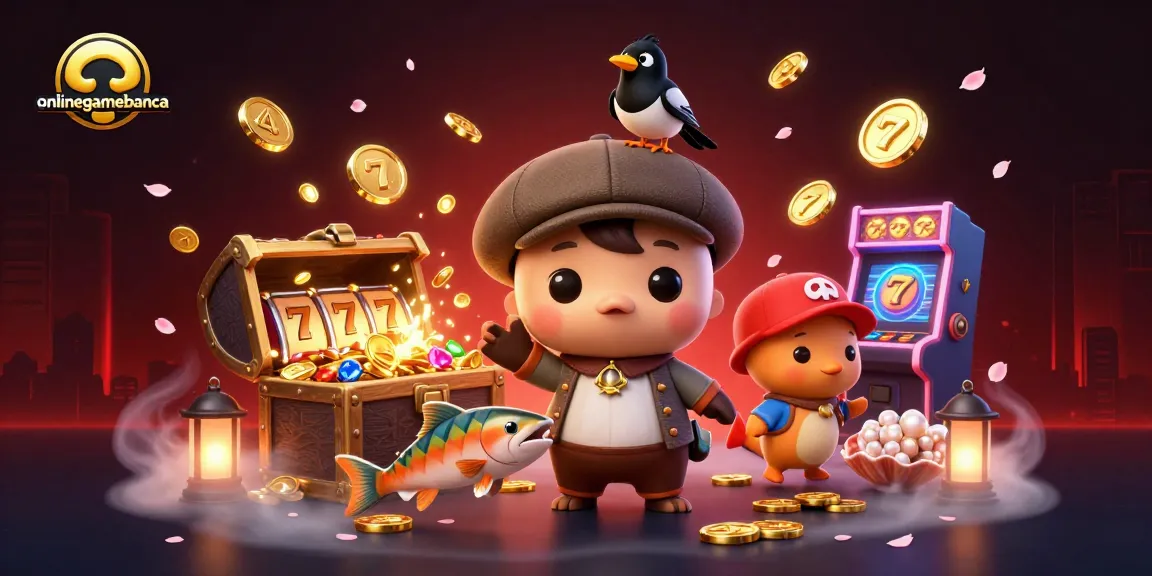 Engage with onlinegamebanca's dynamic 3D illustration showcasing thrilling slot games and playful characters.
