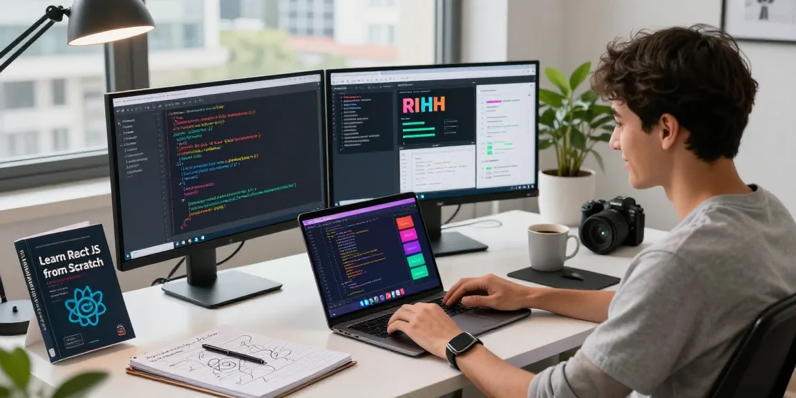 Learn React JS from scratch in a vibrant online study setting with coding materials and a motivated student.