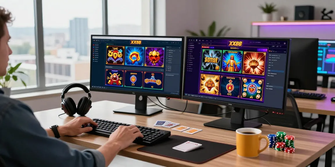Person gaming at a stylish home office with XX88 platform on screens, showcasing vibrant casino experience.