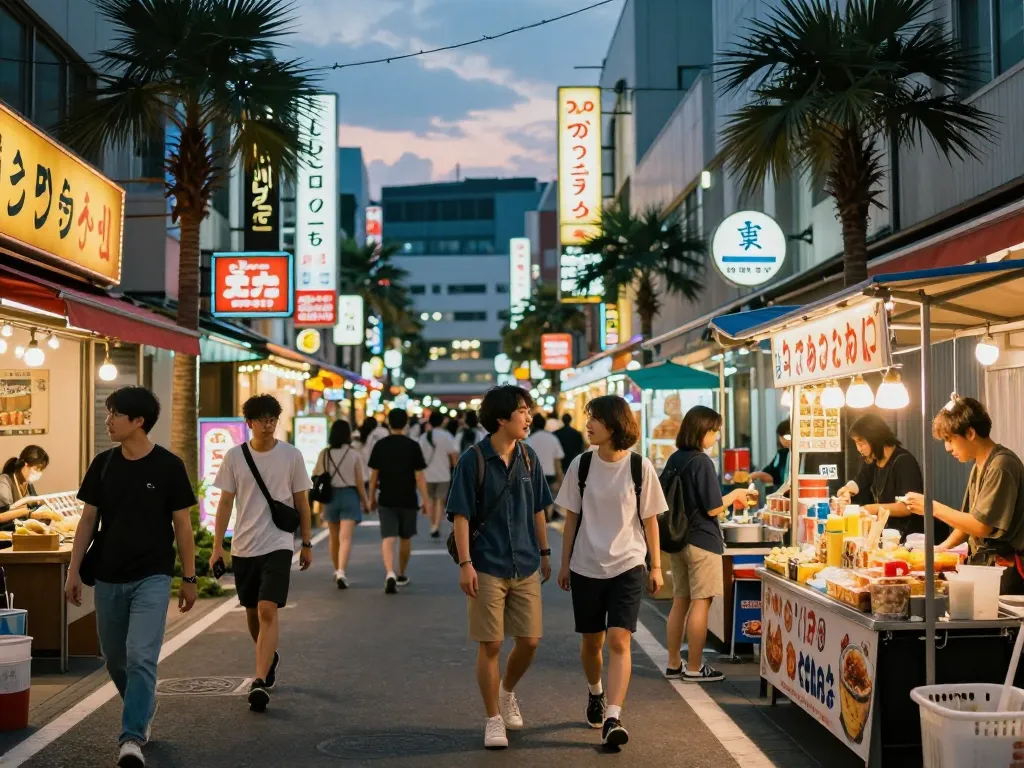 賑やかな夜の街と色とりどりのソープランドの看板が映える中洲ソープおすすめシーン。