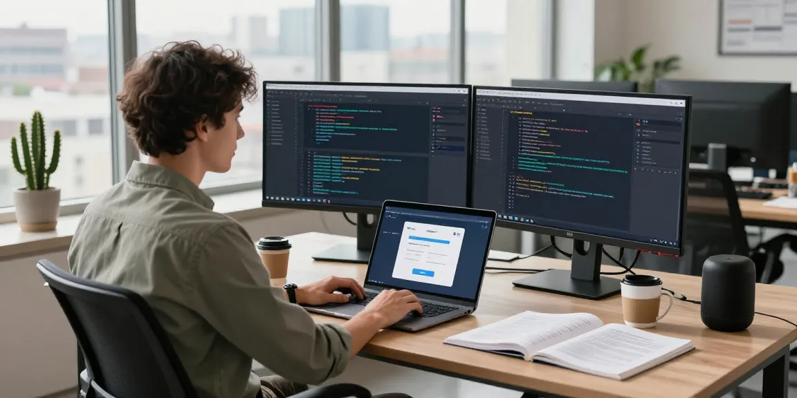 Age verification system development in a modern workspace with a software engineer and high-tech equipment.