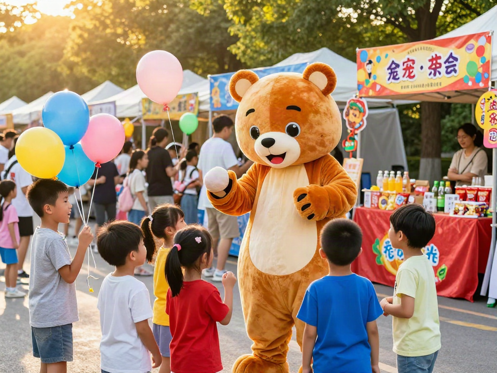 Children joyfully interacting with a mascot costume at a lively community event