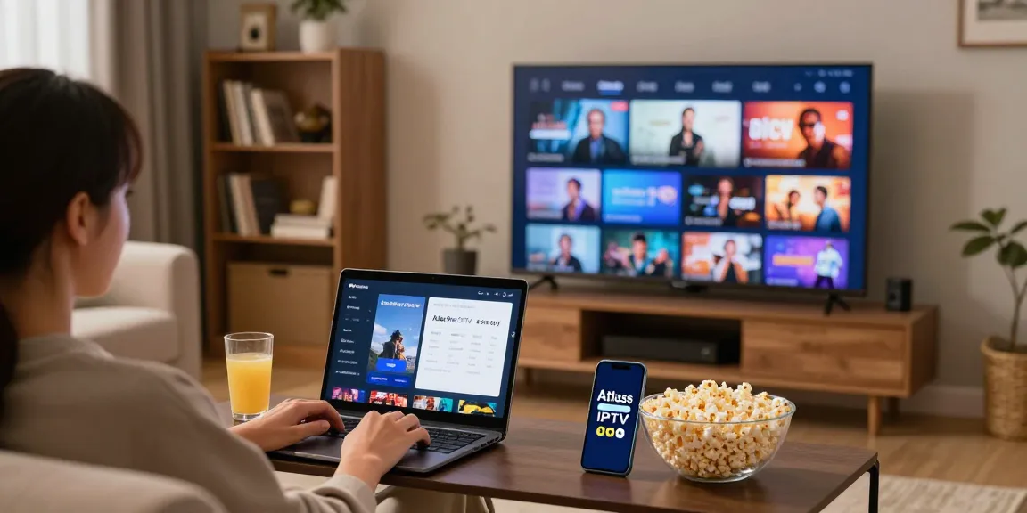 Profitez des chaînes de télévision avec Atlas Pro ONTV sur un ordinateur portable dans un salon accueillant.