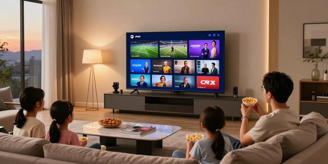 Famille profitant de l'iptv dans un salon moderne accueillant.