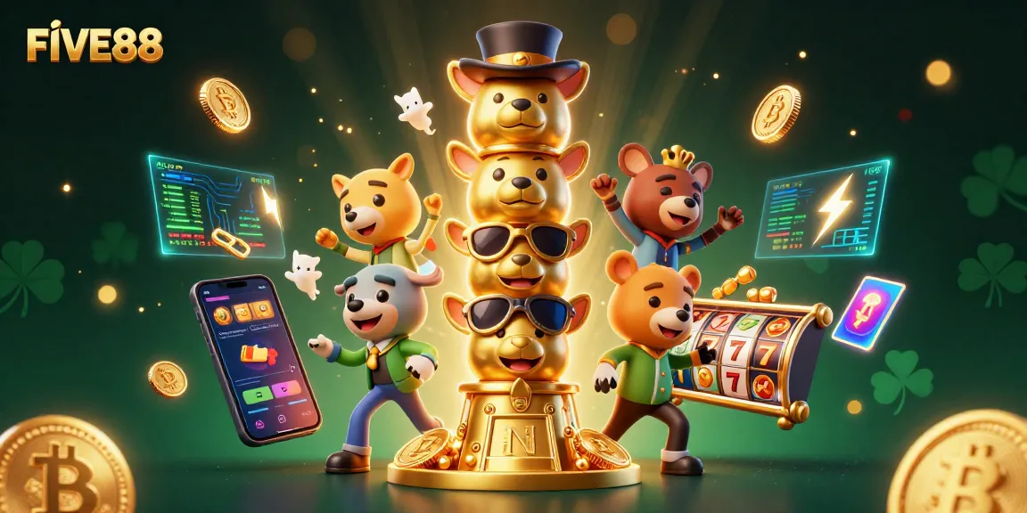 Engage with FIVE88's vibrant slot scenes featuring neon crypto coins and energetic characters.