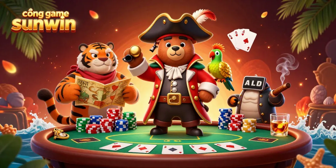 Play exciting games at cổng game sunwin with a vibrant casino scene featuring a pirate bear