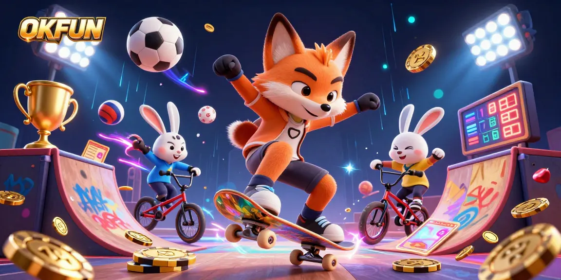 Experience thrilling gaming with OKFUN through a vibrant casino scene featuring dynamic characters and elements.