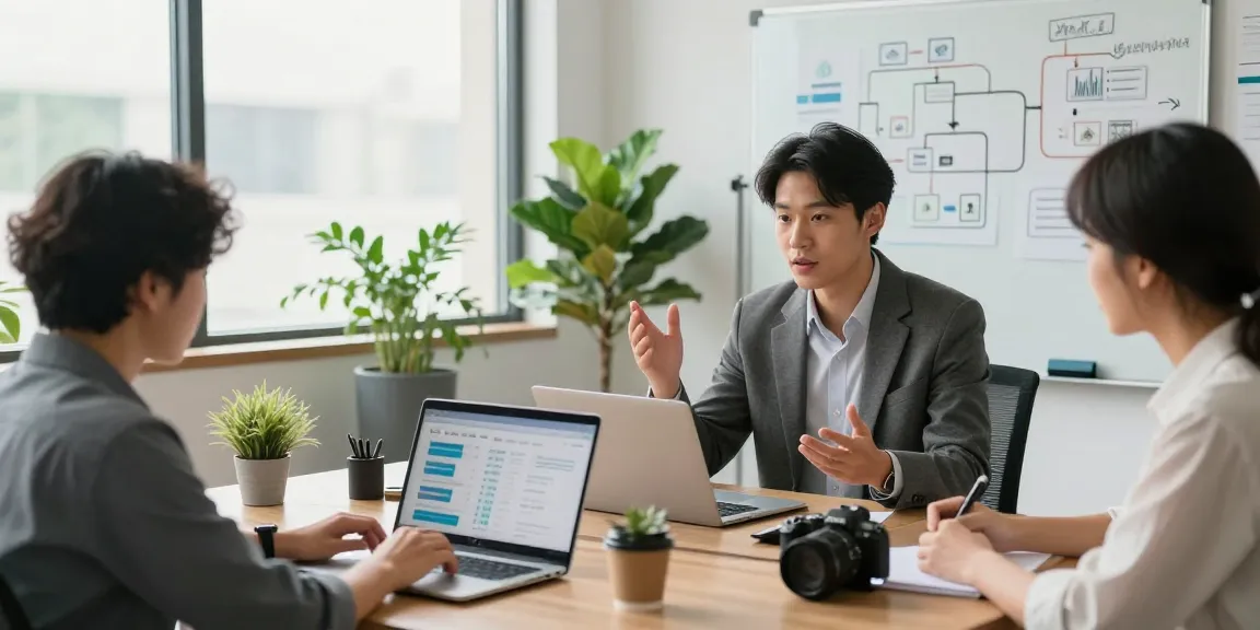 Business professionals discussing Guest Posting Services in a modern office.