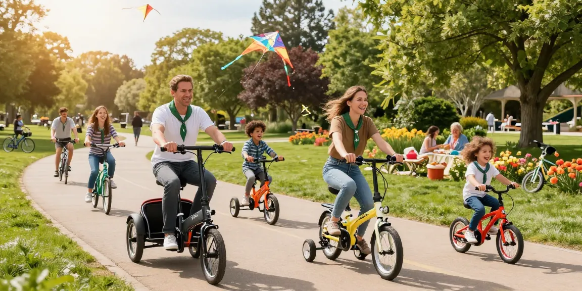 Families enjoying the best electric tricycles in a sunny park, showcasing Scout tricycles for adults and kids.