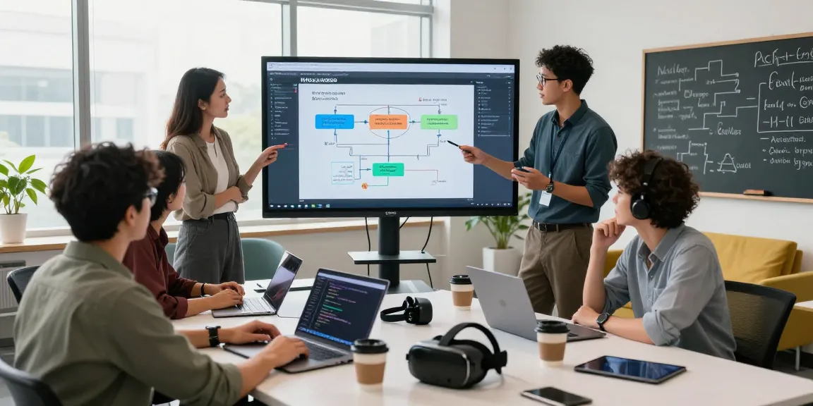 NAGA2000 software engineers collaborating in a modern tech lab with digital screens.