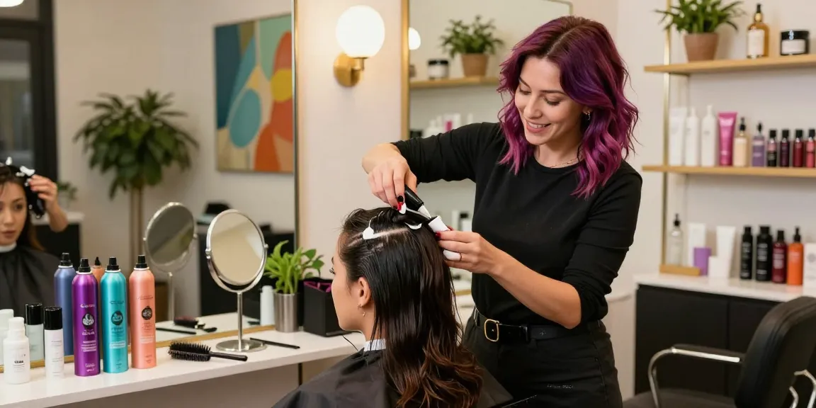 Application of بودرة تكثيف الشعر in a professional beauty salon, highlighting hair thickening techniques.